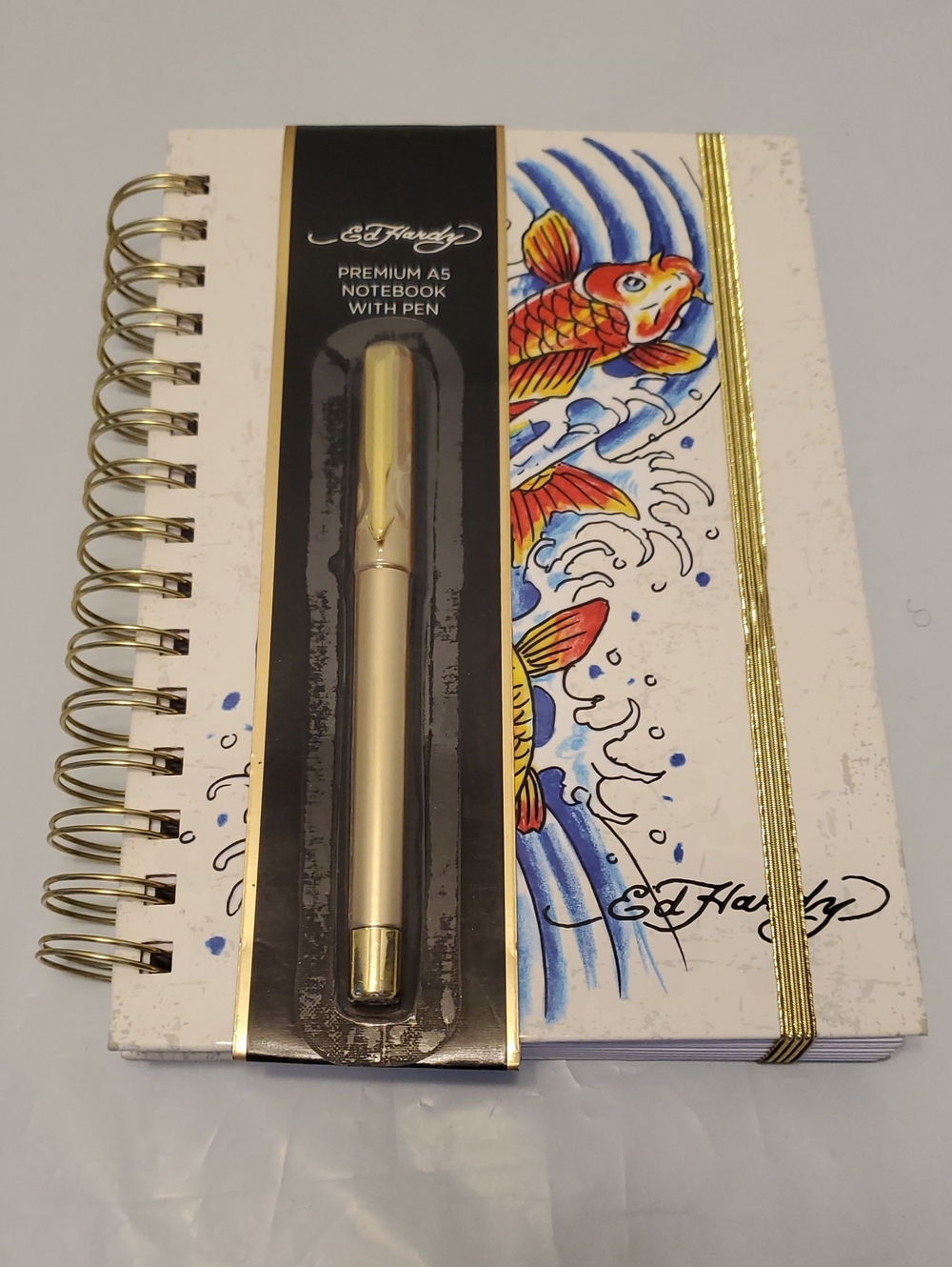 Ed Hardy White Notebook with Colorful Koi & Gold Accents
